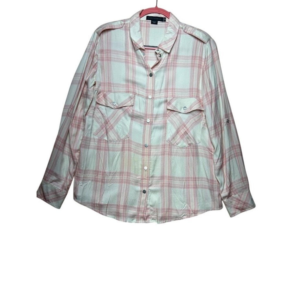 Sanctuary Boyfriend Shirt Pink White Plaid Roll Tab Snap Button Top Medium